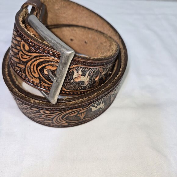 BELT Deer Basket Weave Embossed Brown Leather Western Belt - Size 34 To 41.  44" - Picture 1 of 15